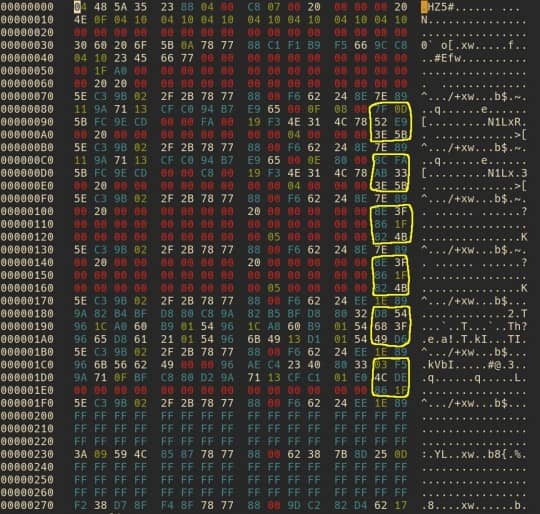 Байты данных, которые выделены жёлтым, наверняка являются контрольной суммой, ведь они есть даже в тех строках, которые заполнены нулями